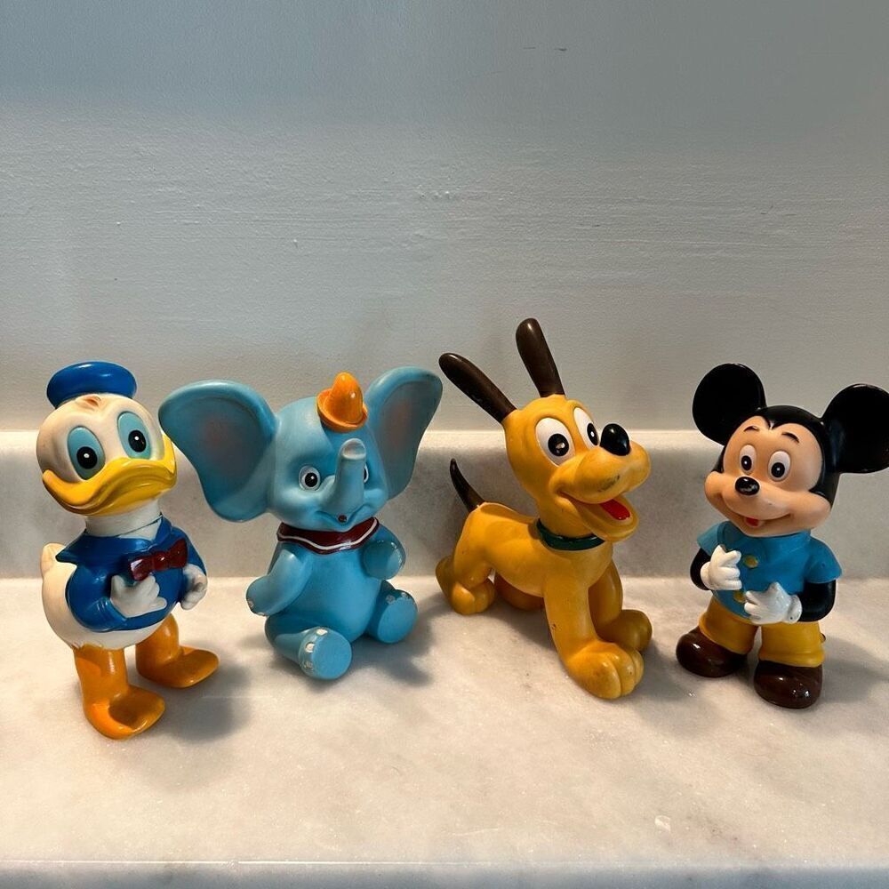 Lot Of 4 Vtg Walt Disney Mickey Donald Pluto & Dumbo Vinyl Squeaky Toys Small